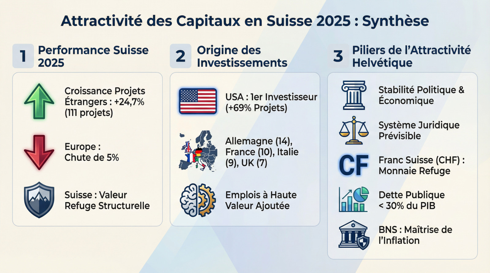 Graphique montrant la croissance des investissements étrangers en Suisse en 2025 comparée au recul européen