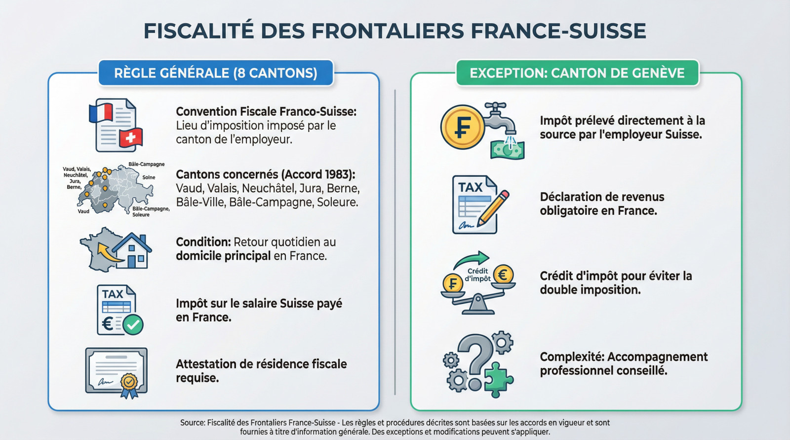 Carte illustrant la fiscalité des frontaliers entre la France et la Suisse selon les cantons