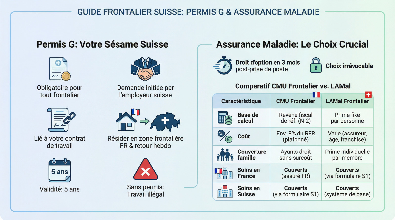 Comparaison permis G et assurance maladie pour frontalier suisse