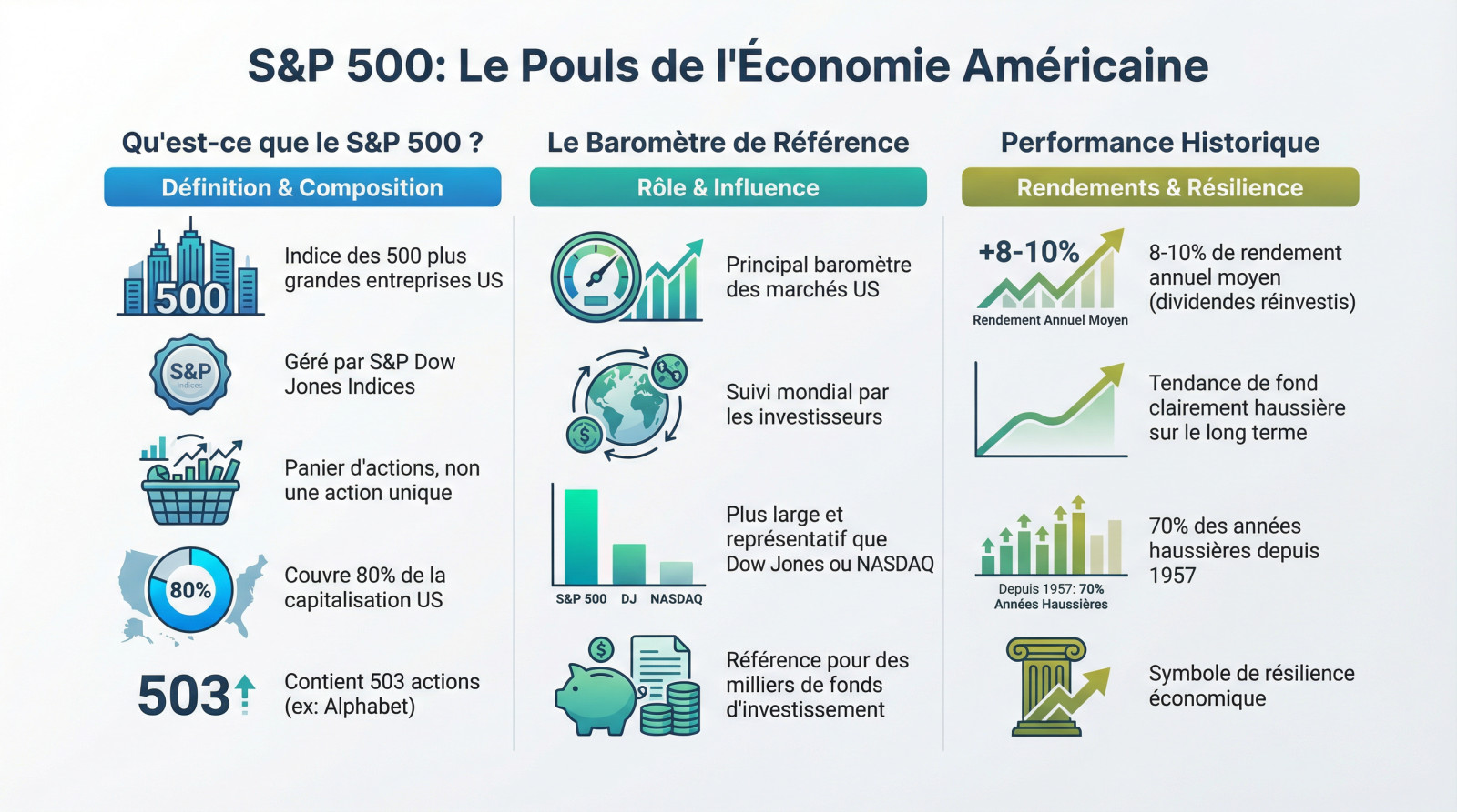Graphique illustrant la performance historique du S&P 500 et son rôle de baromètre économique