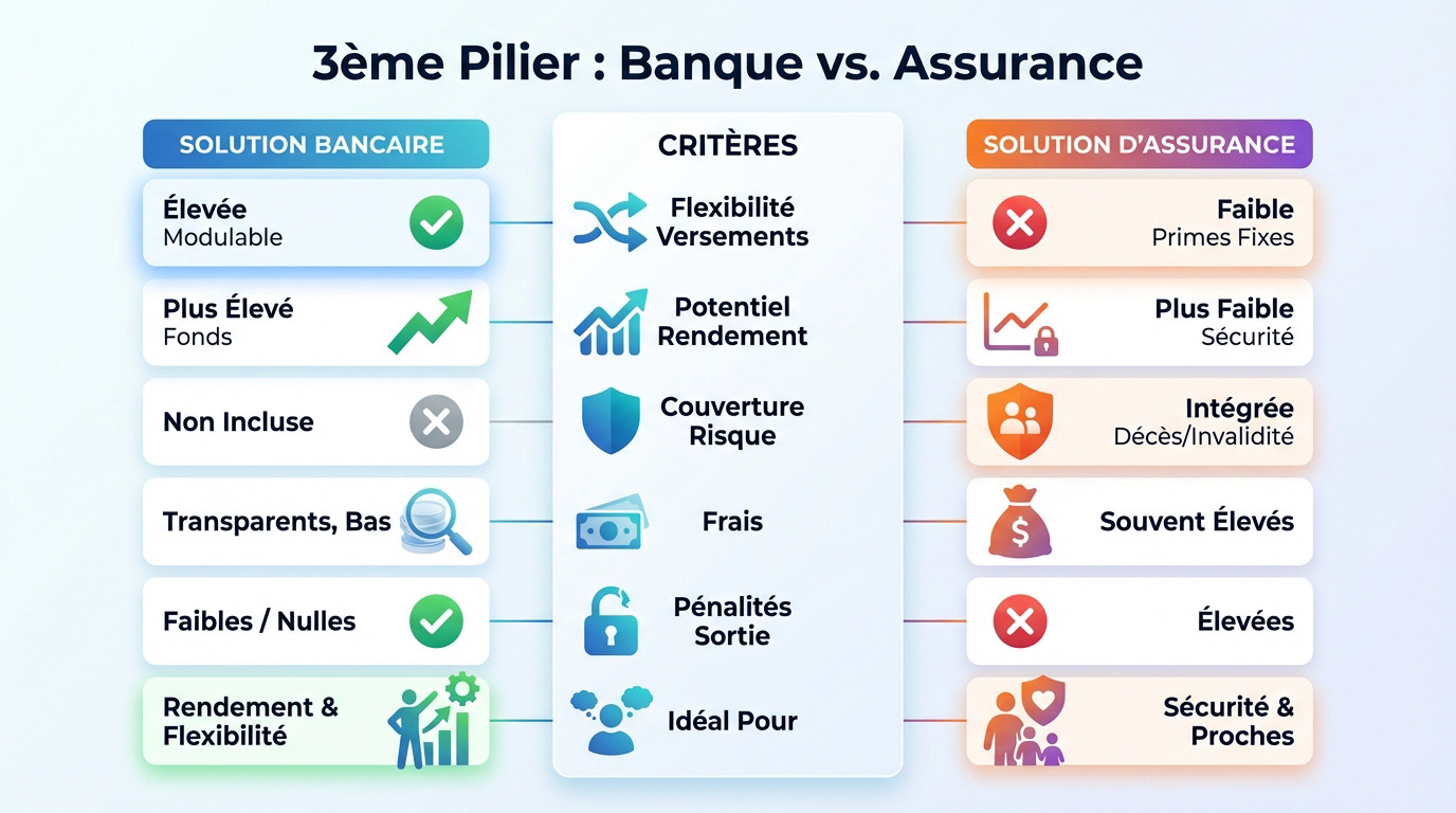 Comparatif entre 3ème pilier bancaire et assurance pour l'optimisation de la retraite en Suisse