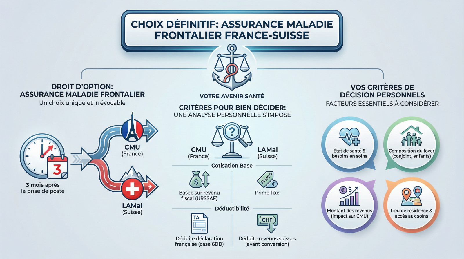 Comparaison des régimes d'assurance maladie pour frontalier suisse : choix irrévocable entre CMU et LAMal