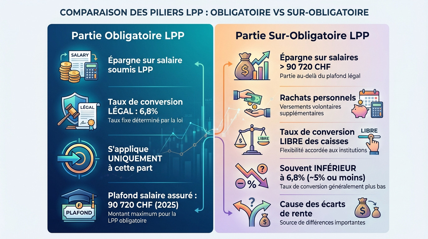 Schéma comparatif montrant la différence entre la part obligatoire et la part sur-obligatoire pour le calcul de la rente LPP