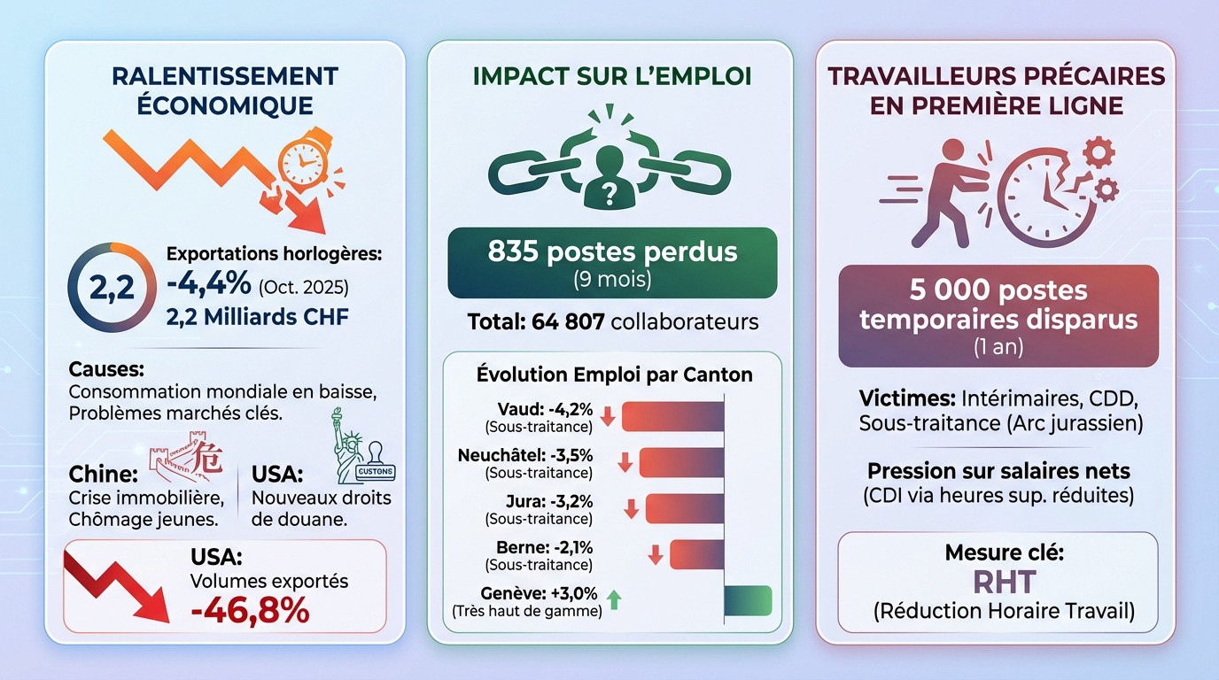 Graphique illustrant la baisse des exportations et l'impact sur l'emploi dans l'horlogerie suisse