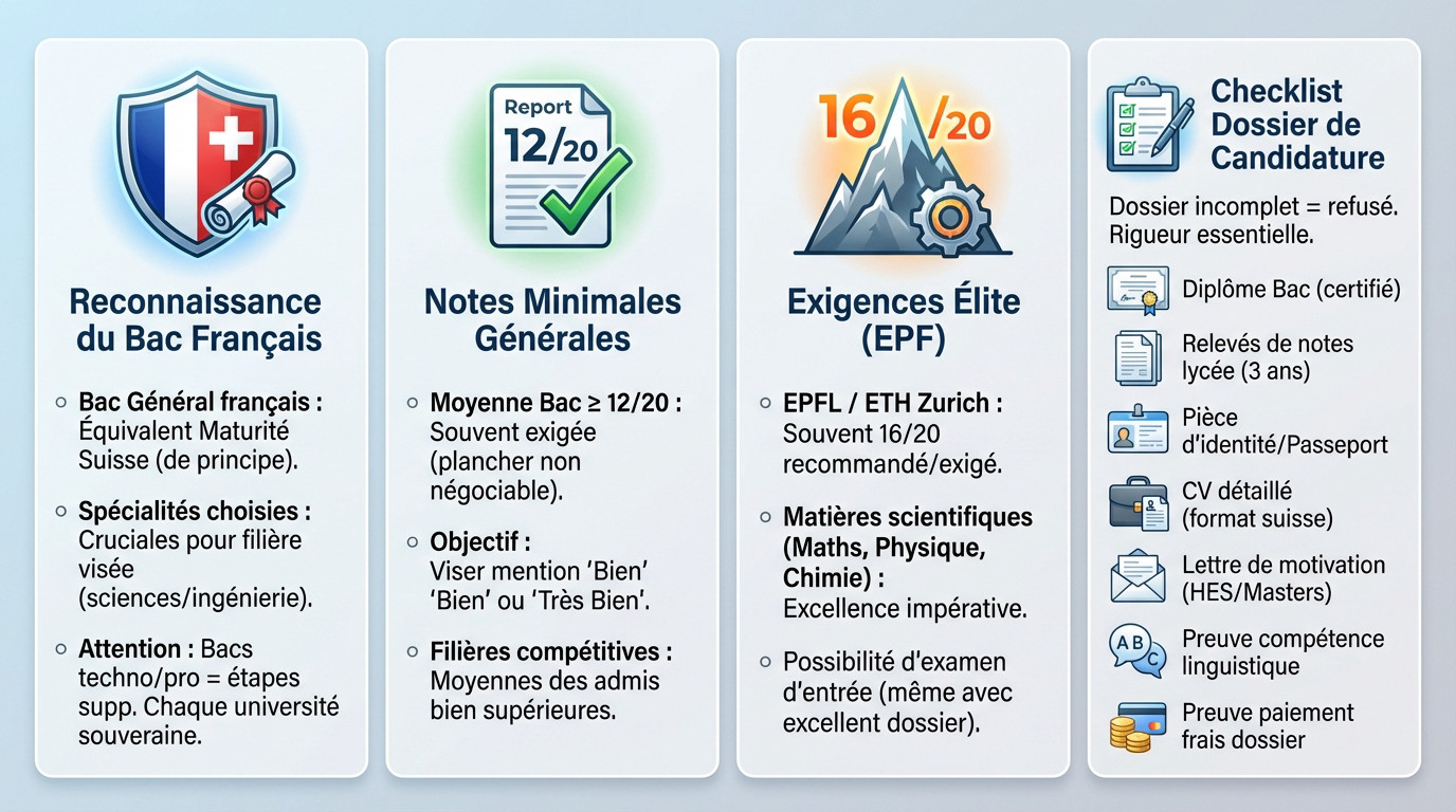 Guide des exigences pour la candidature des étudiants français dans les universités suisses : baccalauréat, notes et documents.