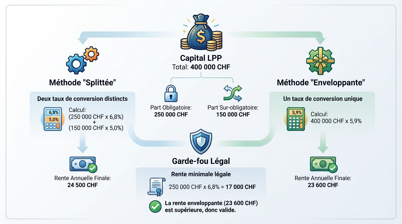 Infographie explicative comparant les méthodes de calcul de rente LPP splittée et enveloppante en Suisse