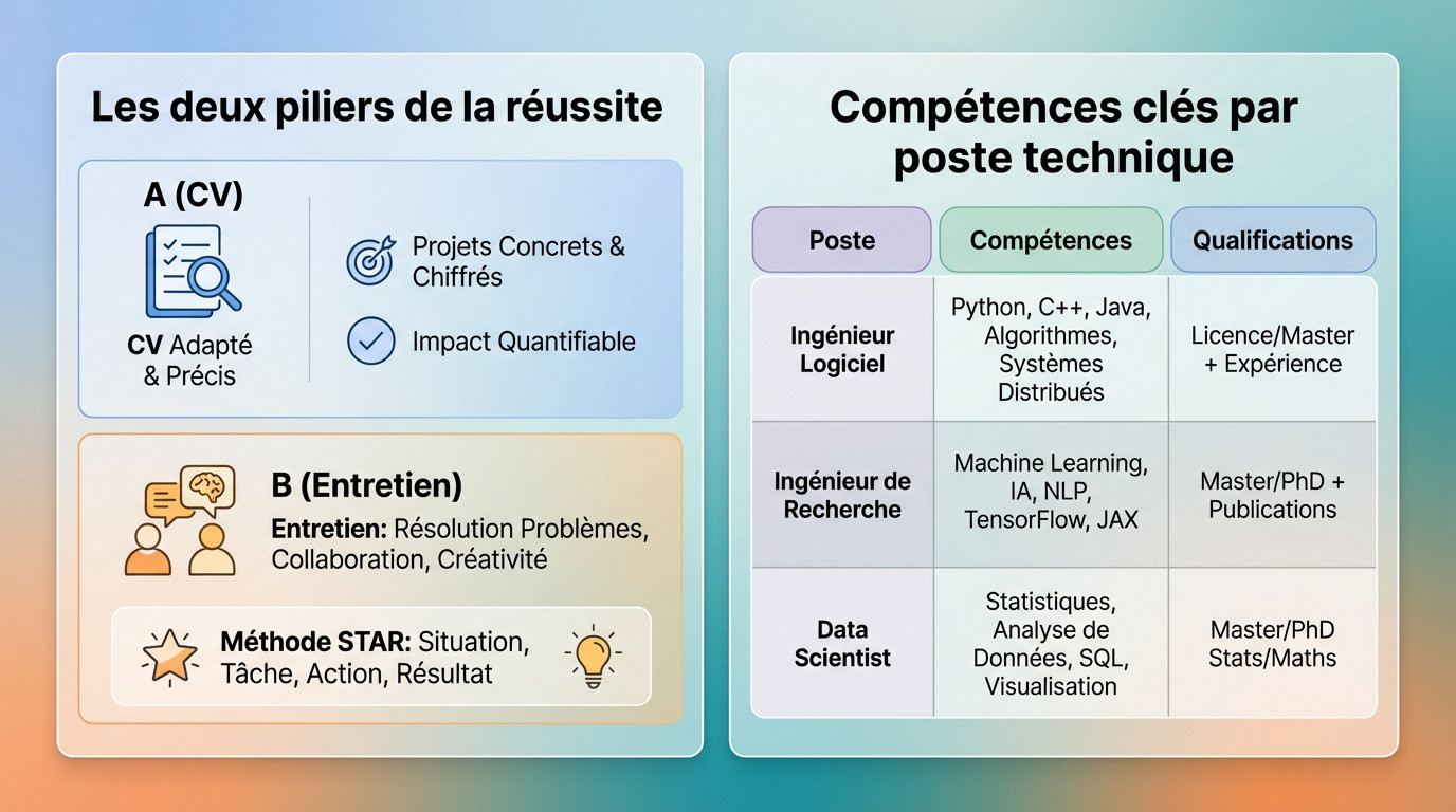Infographie détaillant les étapes clés pour réussir sa candidature technique chez Google Zurich
