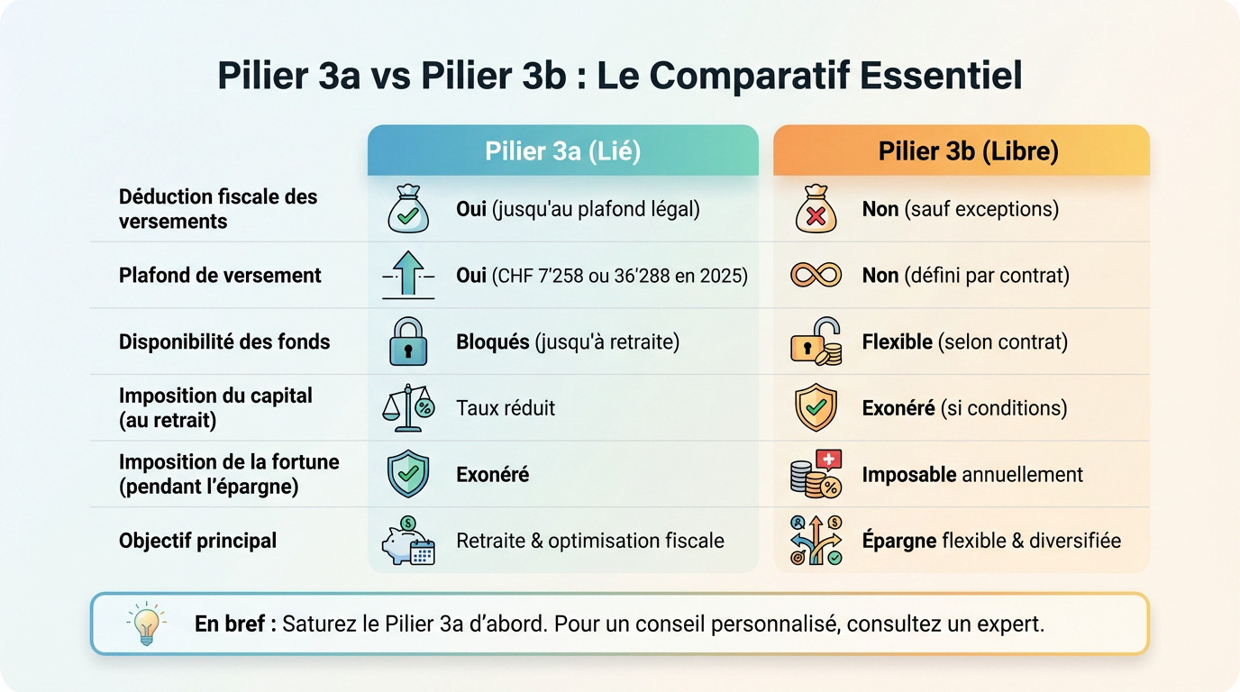 Comparatif visuel entre le pilier 3a et le pilier 3b pour l'optimisation fiscale en Suisse