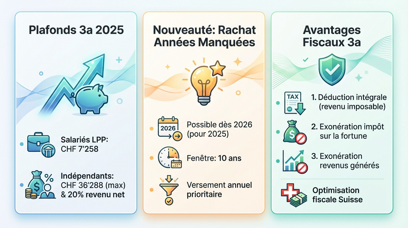 Infographie détaillant les nouveaux plafonds 2025 du pilier 3a, le mécanisme de rachat et les avantages fiscaux