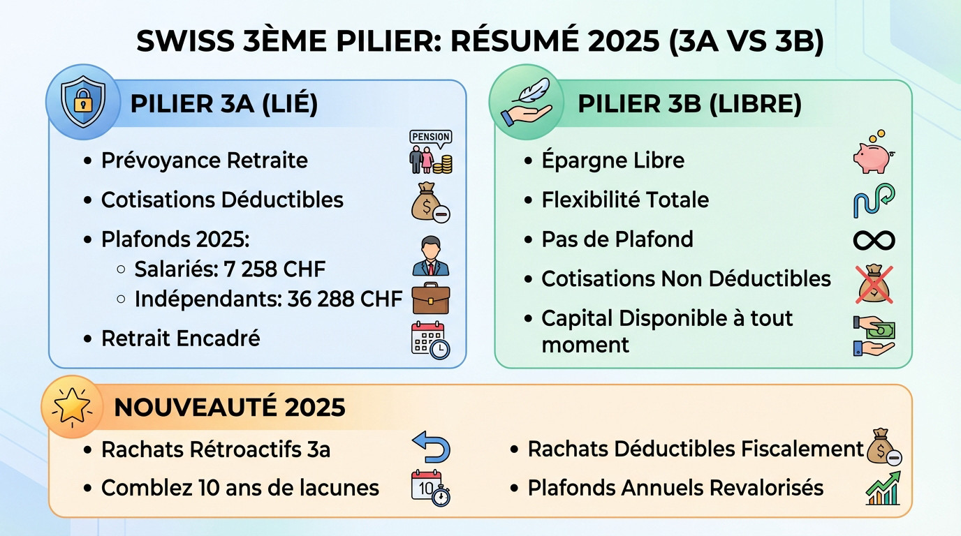 Comparatif visuel entre le pilier 3a et 3b pour l'optimisation retraite en Suisse