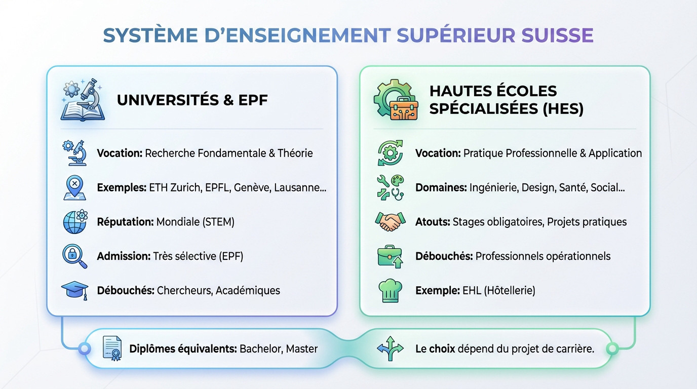 Panorama du système d'enseignement supérieur suisse illustrant la diversité des parcours académiques