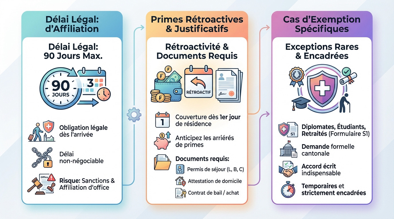 Schéma explicatif des délais d'affiliation et de la rétroactivité des primes LAMal en Suisse