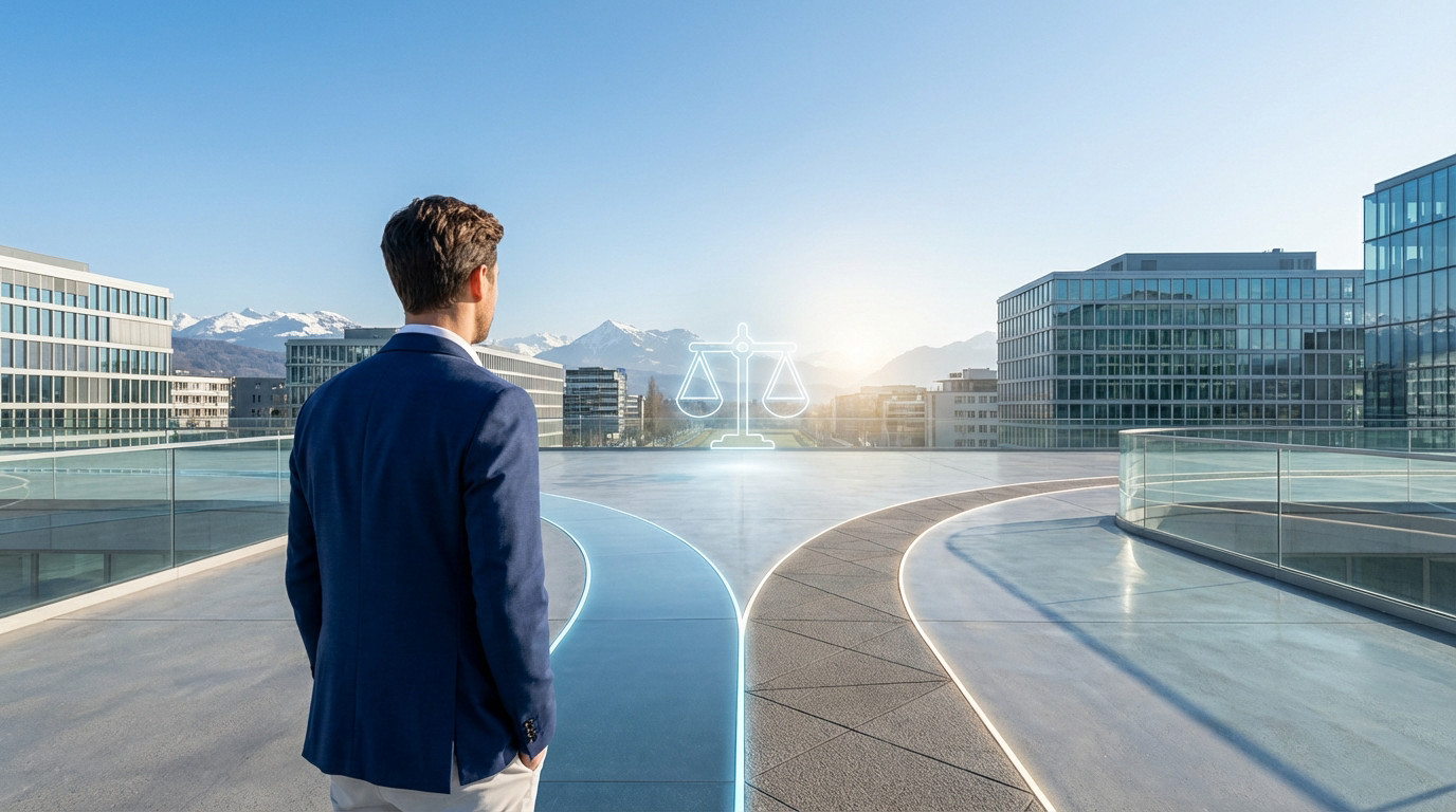 Man in blazer on platform, two paths to glowing balance scale, symbolizing fiscal choices, with Alps and city in background.