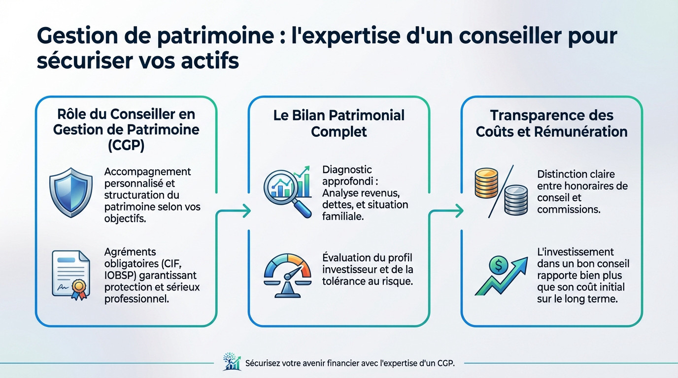 Un conseiller en gestion de patrimoine analysant des actifs financiers pour un bilan complet