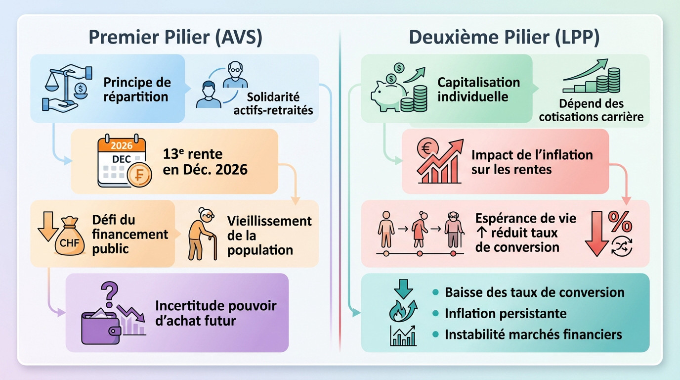 Schéma des piliers de retraite suisses AVS et LPP face aux enjeux de 2026