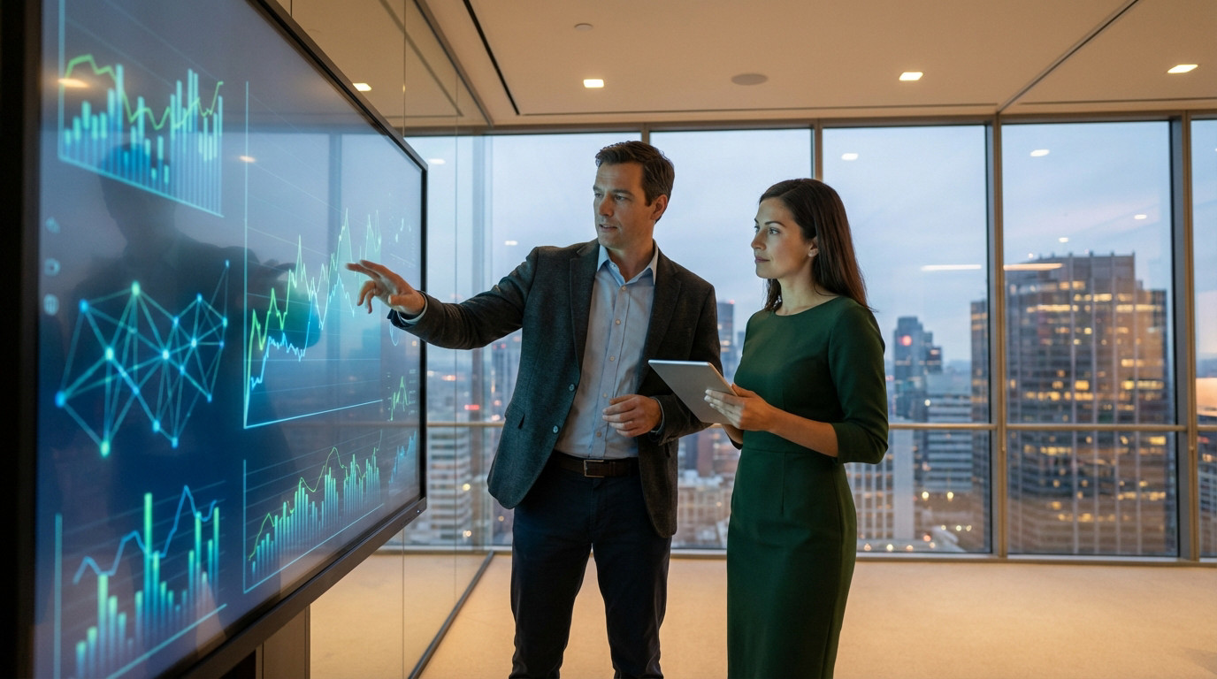 Two professionals collaborate on financial data displayed on a large screen in a modern office overlooking a city at dusk.