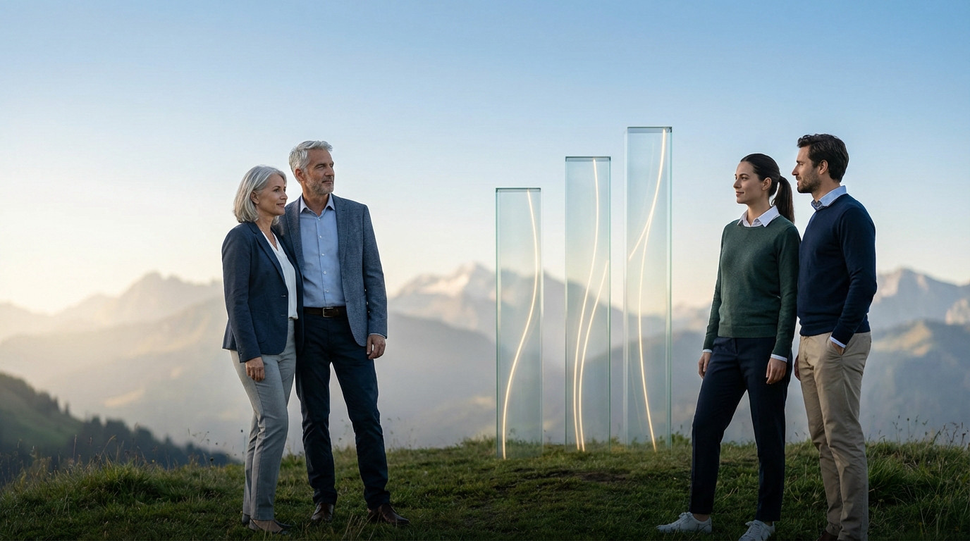 Four people (older, younger couples) stand before three illuminated glass pillars representing Swiss pension. Majestic mountains, clear sky.