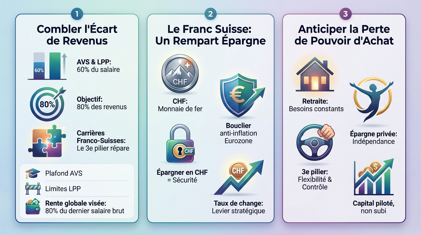 Graphique illustrant l'impact du 3ème pilier sur le pouvoir d'achat et les revenus à la retraite en francs suisses