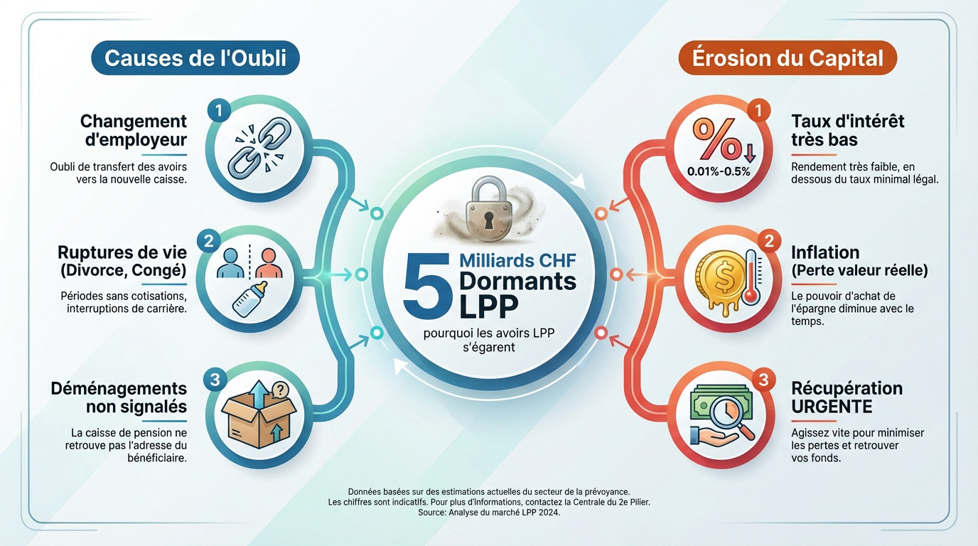 Graphique illustrant les causes de la perte des avoirs LPP et l'impact de l'inflation sur les fonds dormants