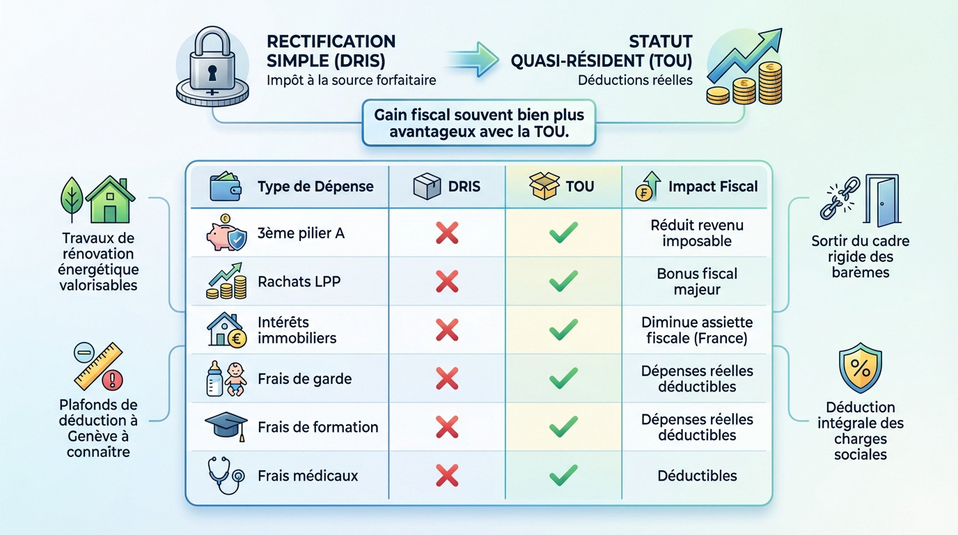 Comparaison fiscale entre le statut de quasi-résident TOU et la rectification simple DRIS pour les frontaliers
