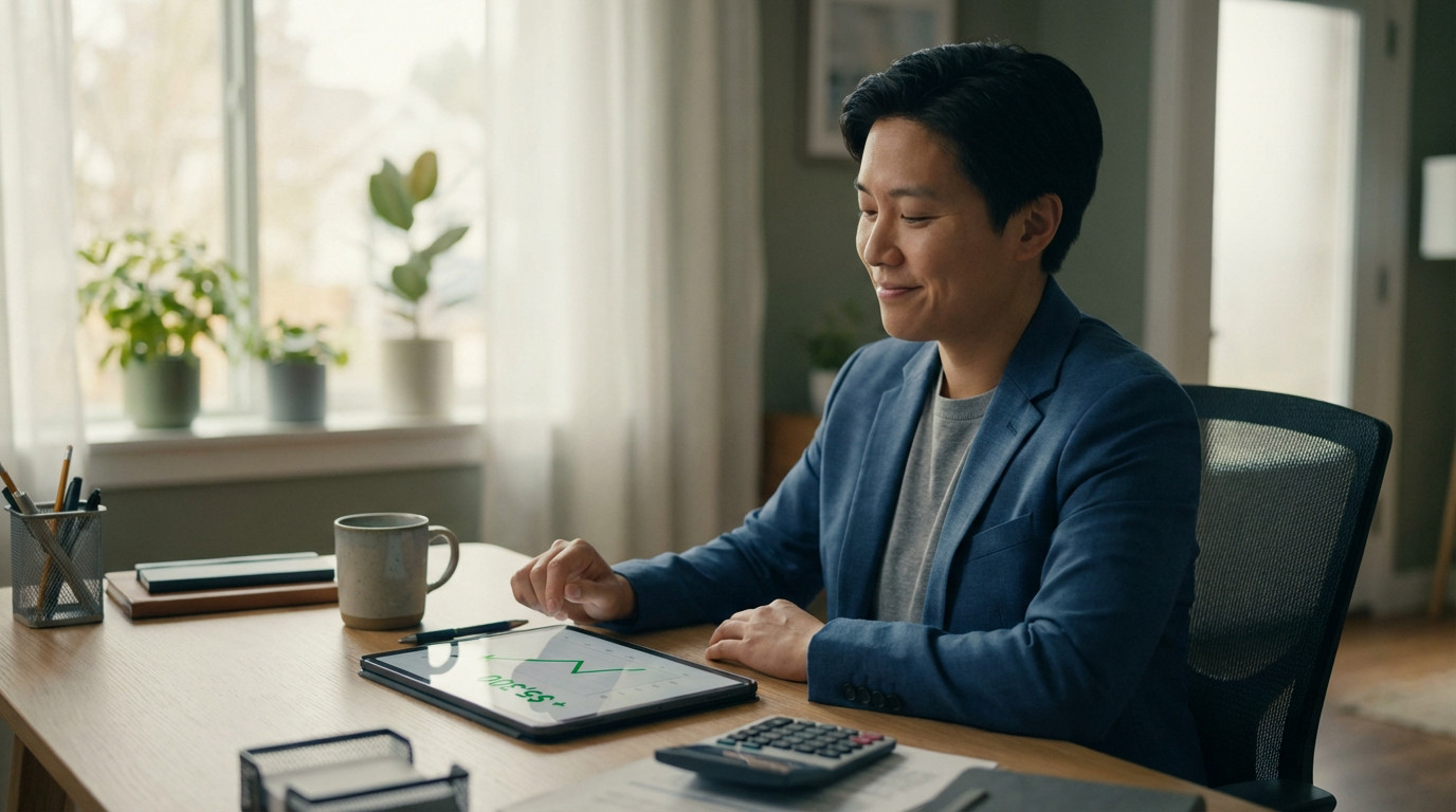 A person in smart casual attire smiles, looking at a tablet displaying a +$5,300 financial gain with an upward trend. Home office.
