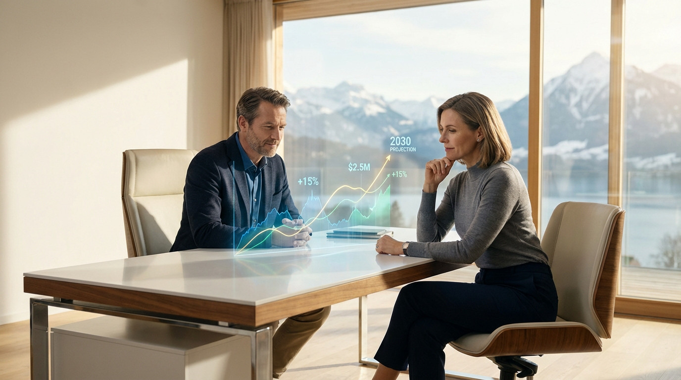A man and woman review holographic financial graphs showing growth, with a serene mountain landscape visible through a large window.