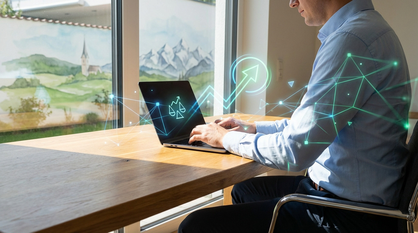 Man on laptop in sunlit office. Digital data flow, legal scales, and growth arrow overlay. Franco-Swiss border view in background.