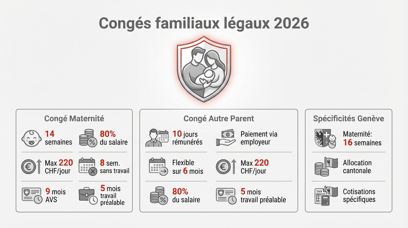 Infographie des indemnités et durées des congés familiaux en Suisse pour 2026