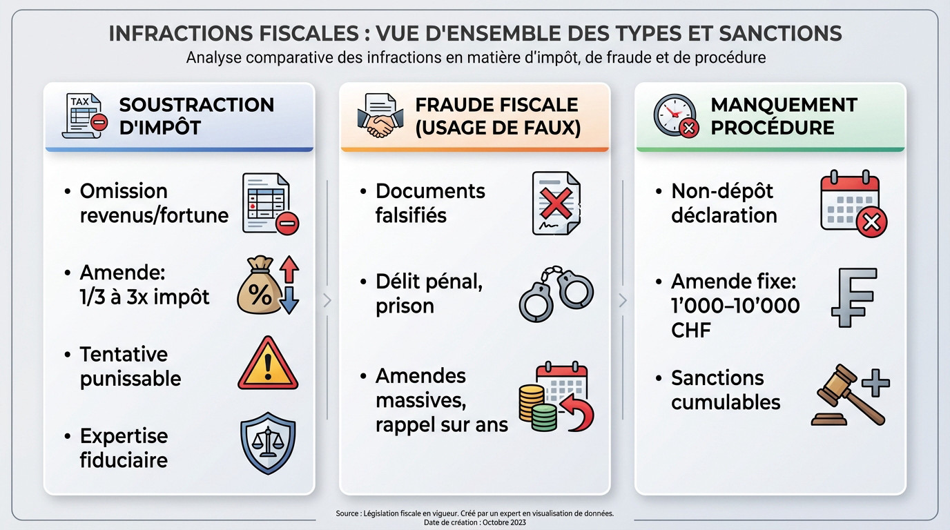 Infographie détaillant les types d'infractions fiscales en Suisse et les sanctions associées