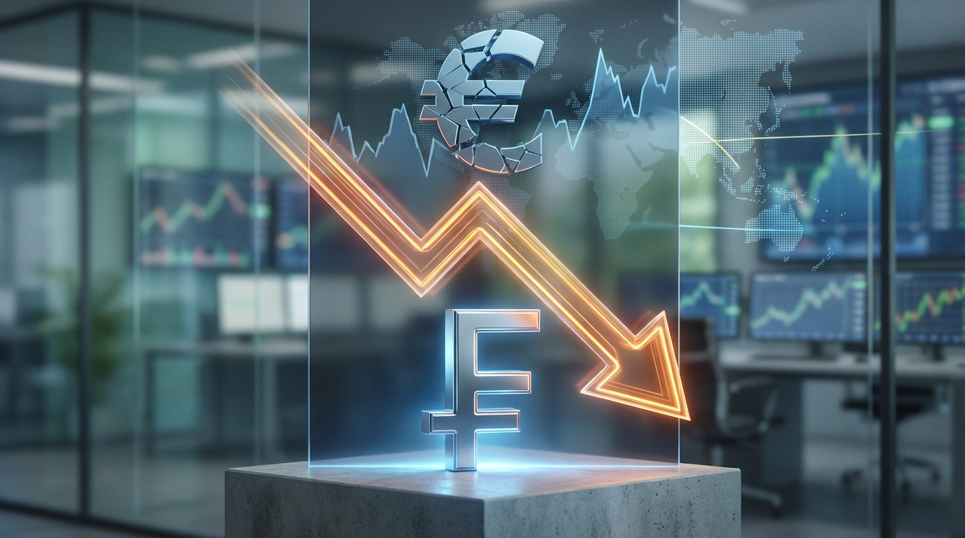 Dynamic financial graphic: fractured Euro symbol above a glowing orange downward arrow, with a stable glowing CHF symbol below. Blurred office background.