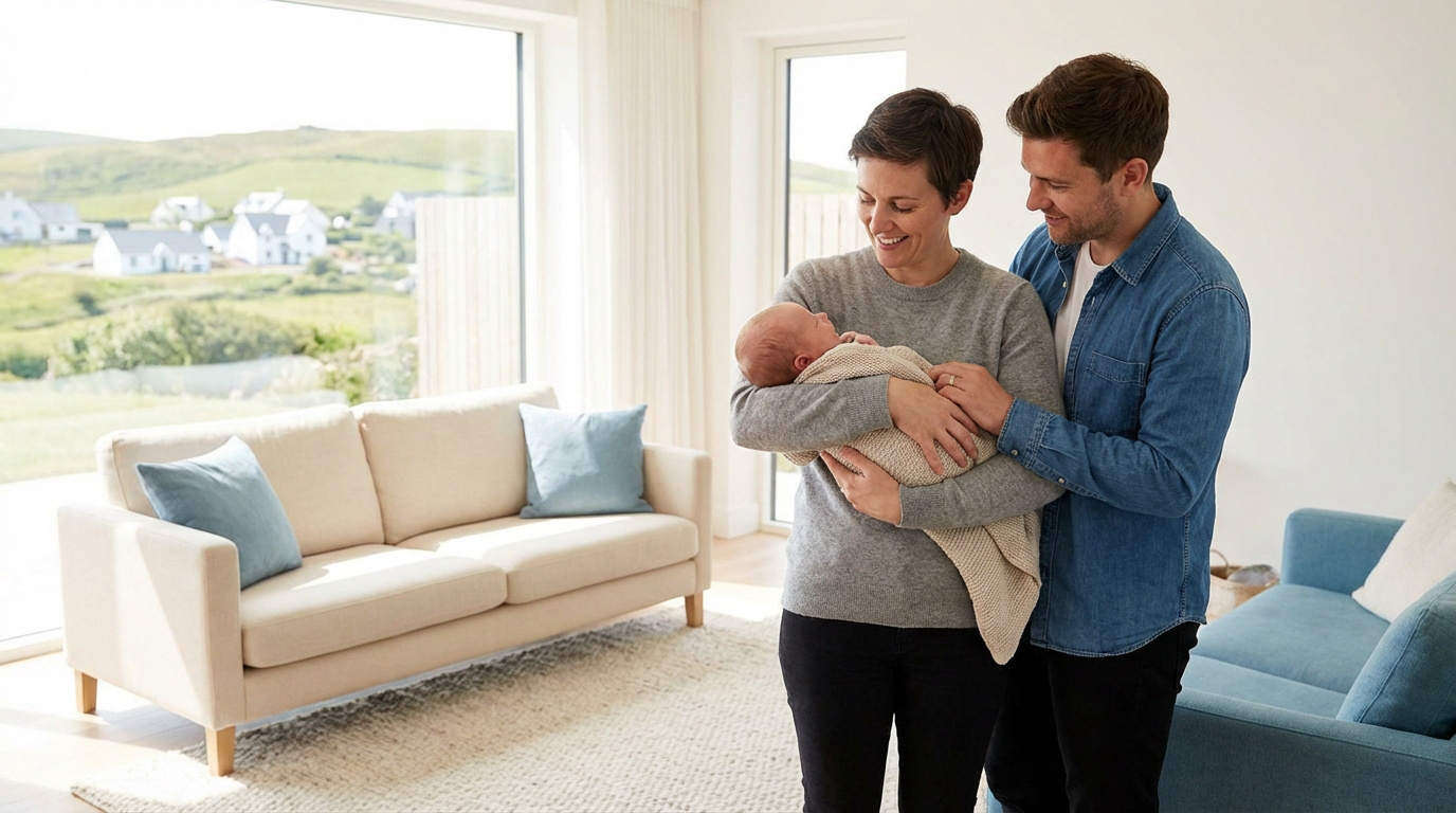 Couple heureux souriant, la femme tenant un nouveau-né enveloppé dans un salon lumineux, avec vue sur un paysage verdoyant.