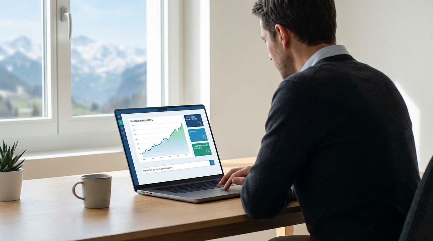 Un homme gère ses finances sur un laptop avec graphiques de croissance, devant une fenêtre ouverte sur un paysage alpin suisse.