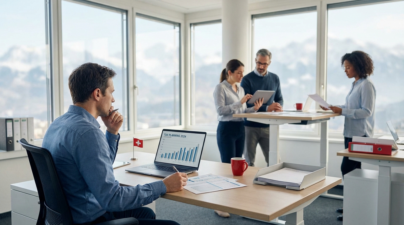 Quatre experts en fiscalité collaborent dans un bureau suisse lumineux avec vue montagne, planifiant les impôts 2026.