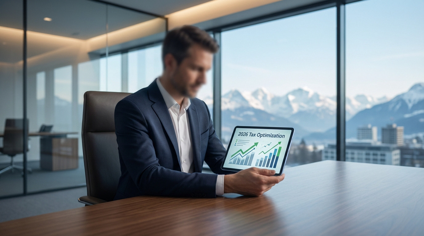 Professional in suit views '2026 Tax Optimization' on tablet with financial graphs, overlooking Swiss Alps from modern office.