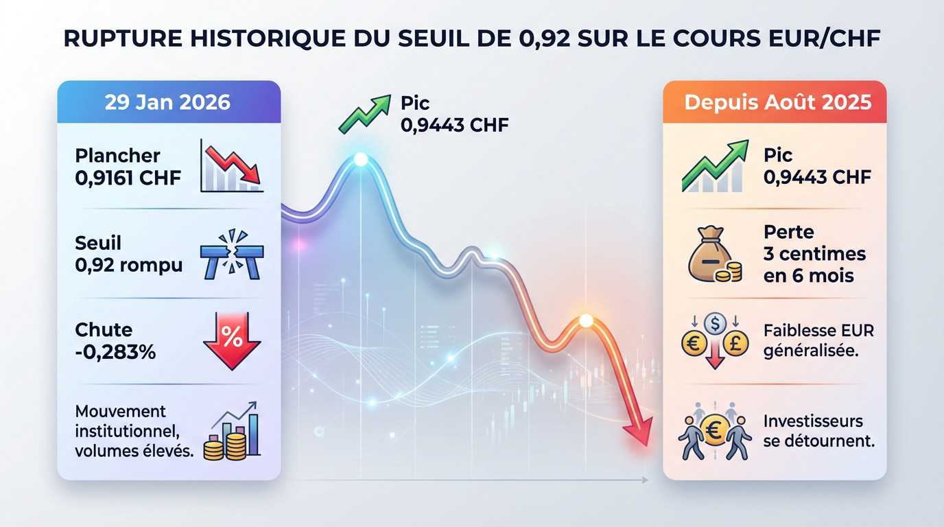 Graphique montrant la rupture historique du seuil de 0,92 sur le cours EUR/CHF