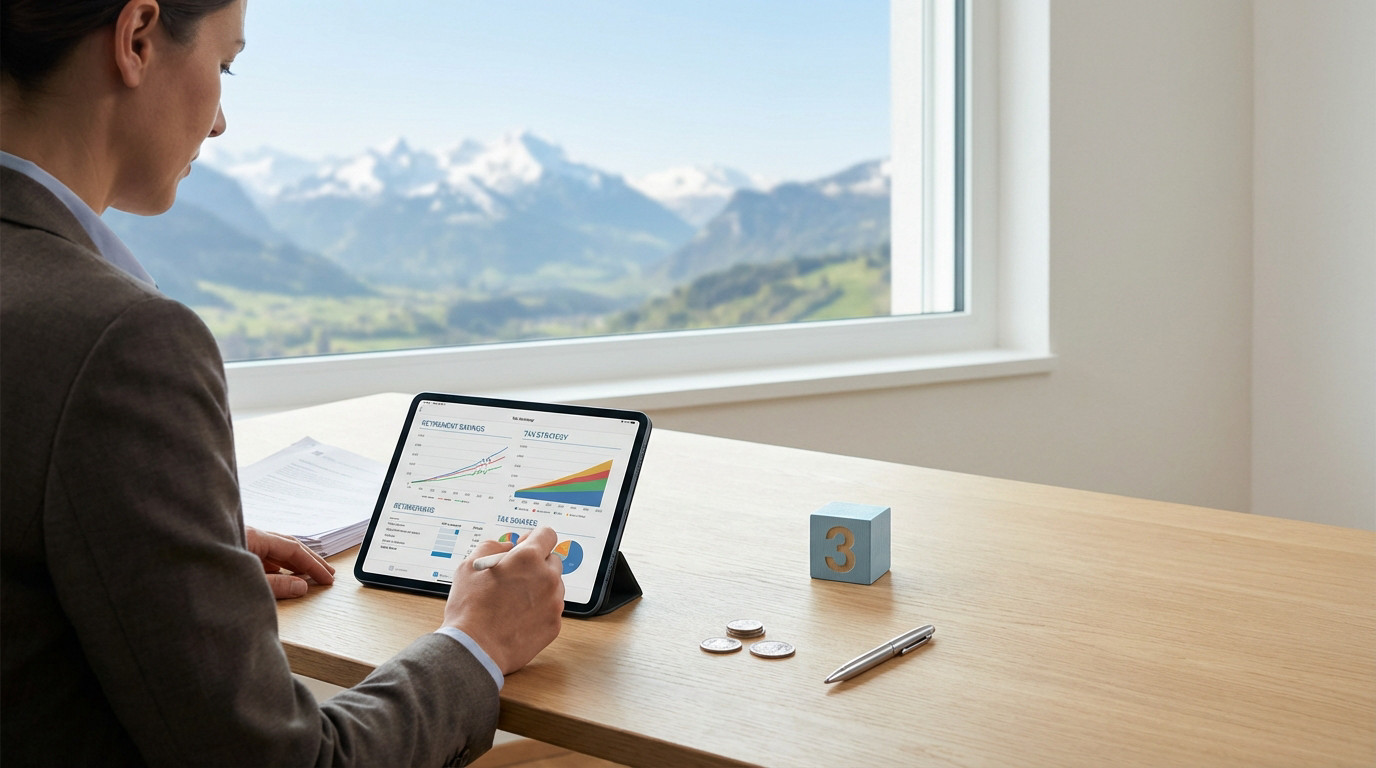 Professional reviews retirement savings and tax strategy on a tablet at a desk with Swiss coins and a '3' block, Alps in background.