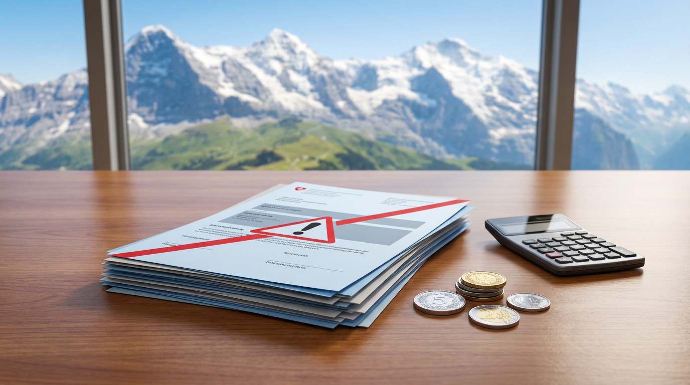 Stack of financial documents with a red warning on a desk, Swiss Franc coins, calculator, and Swiss Alps in background.