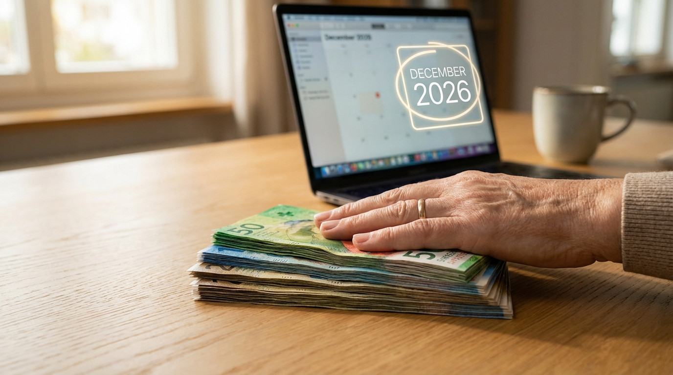 Aged hand on stacked Swiss Franc banknotes on a wooden desk. Laptop in background shows 'December 2026' calendar, symbolizing pension planning.