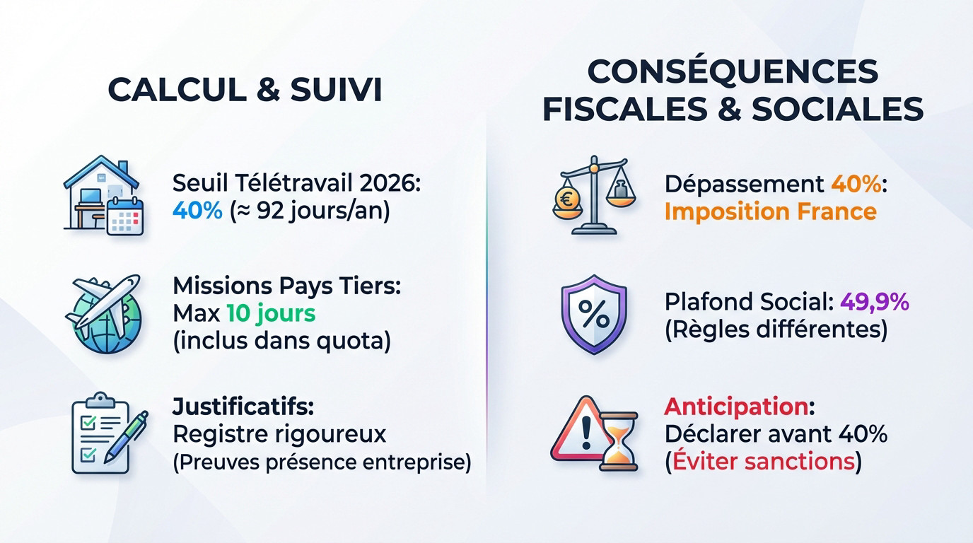 Schéma explicatif du seuil de 40% de télétravail pour les frontaliers en 2026 et impact fiscal