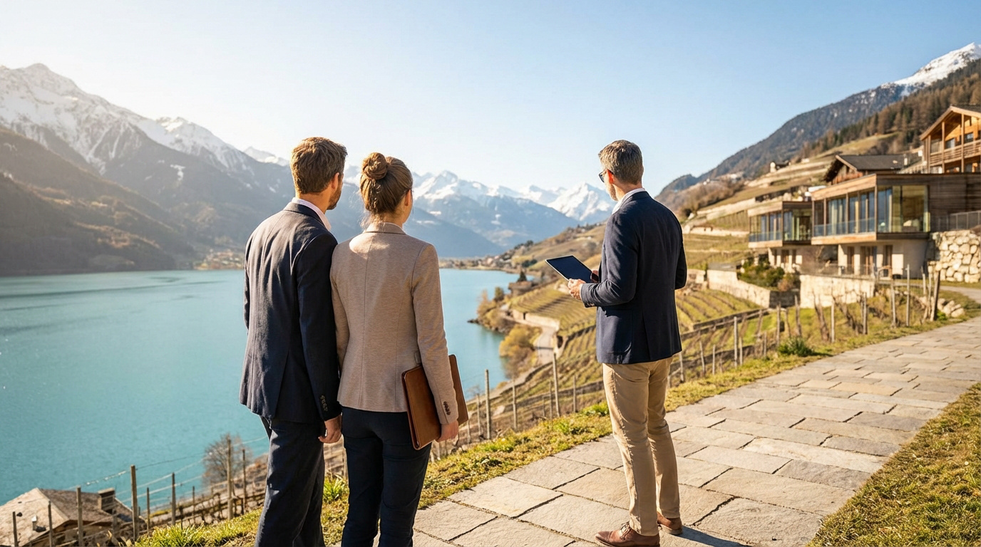 Trois personnes regardant un lac turquoise entouré de montagnes enneigées et de villas modernes en Suisse. Un agent tient une tablette.
