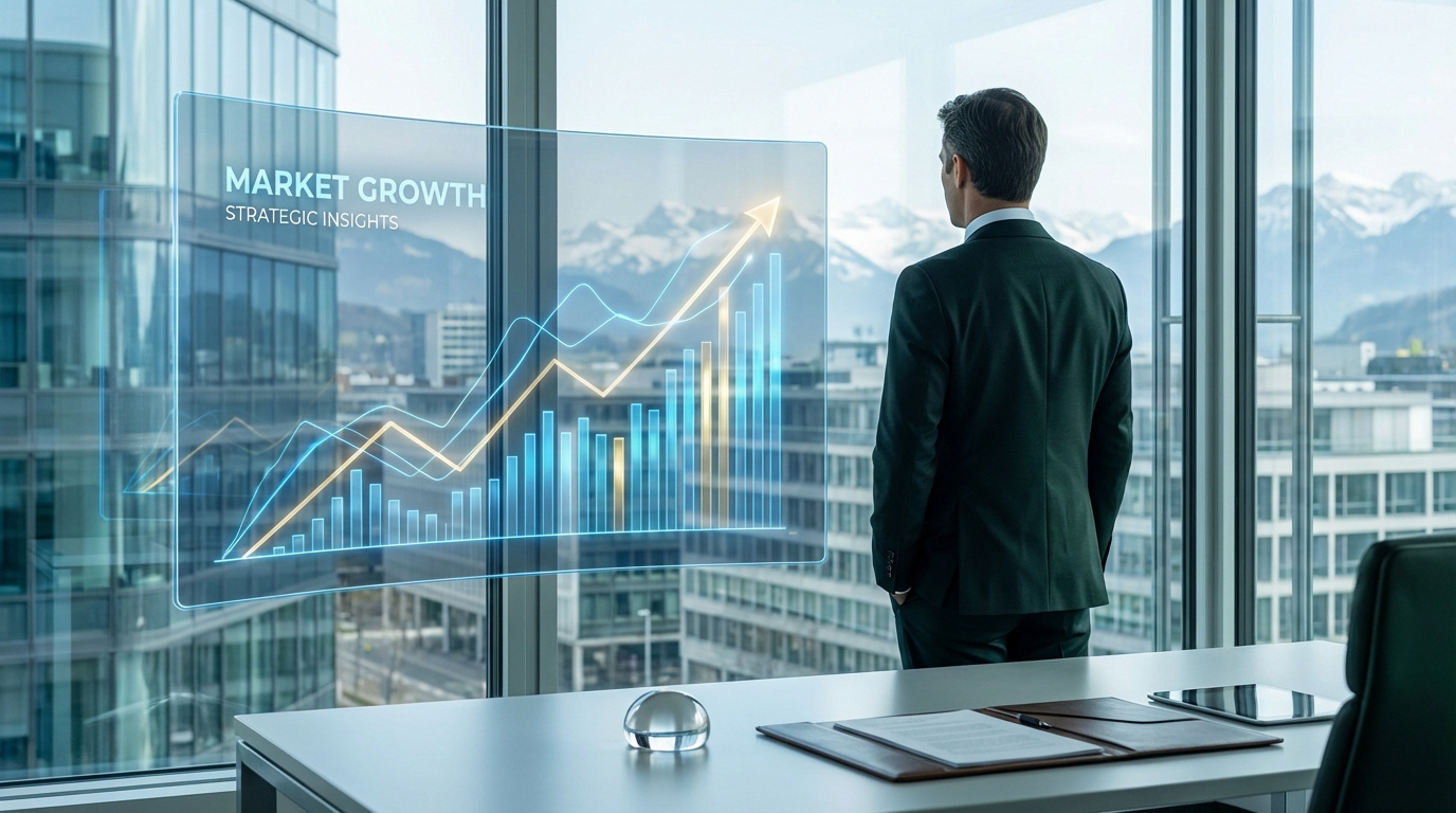 Un dirigeant observe un graphique holographique de croissance du marché depuis un bureau moderne avec vue sur les Alpes.