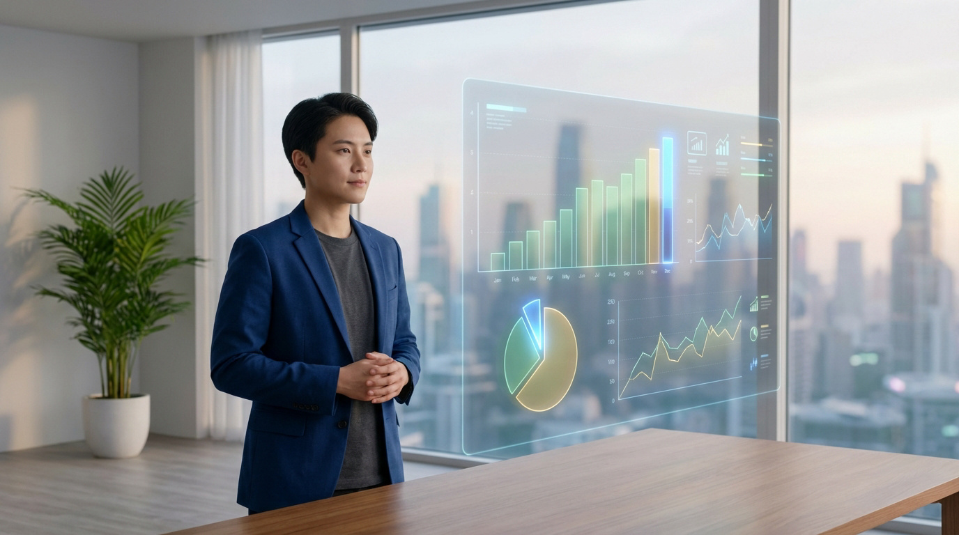 Un homme observe des graphiques financiers holographiques dans un bureau moderne avec vue sur la ville. Représente l'analyse de données et la planification.