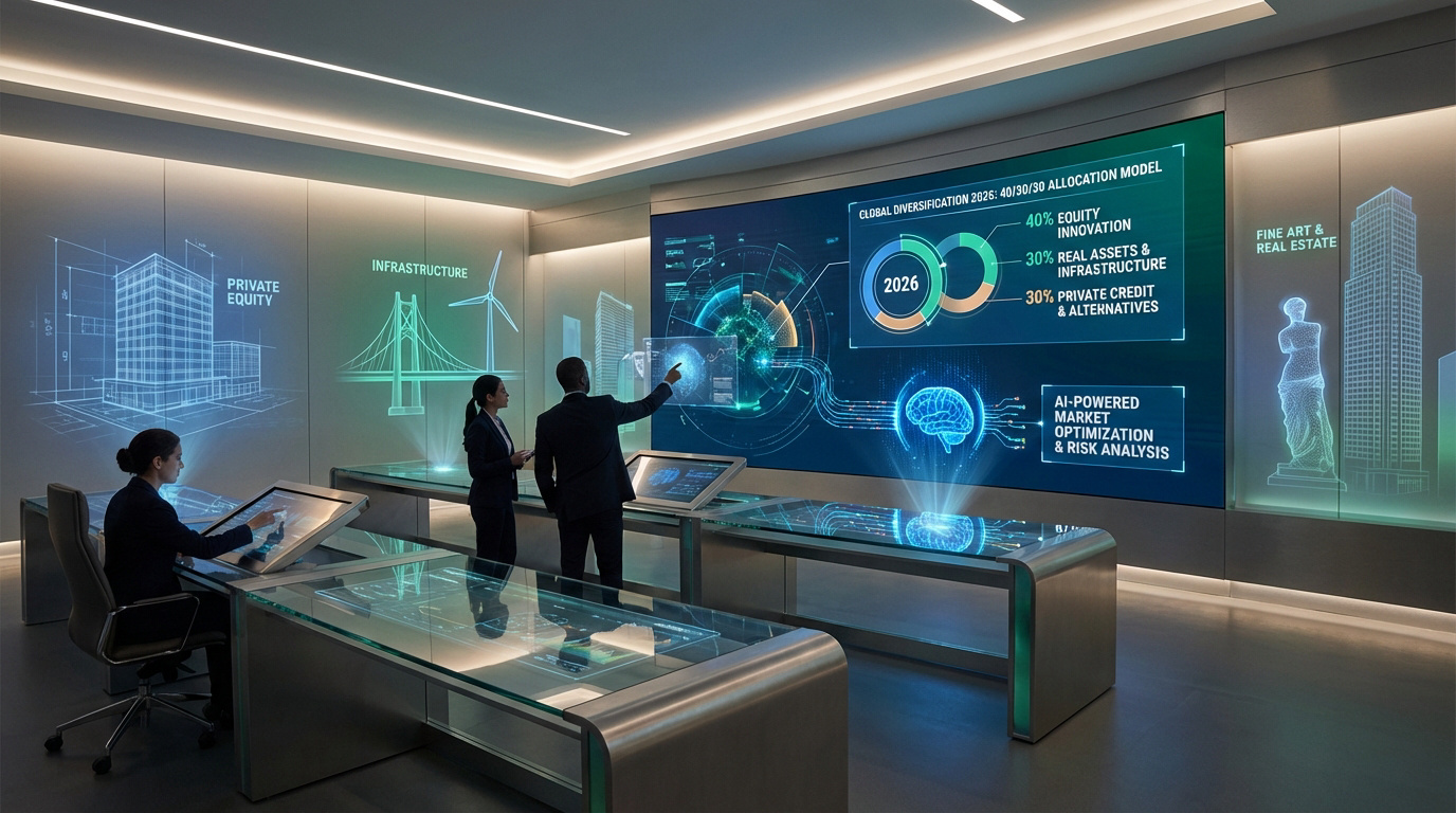 Trois experts analysent le modèle d'investissement 40/30/30 de 2026 avec IA et holographies dans une salle futuriste.