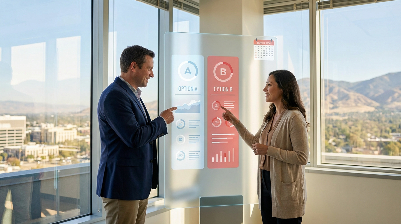 Deux personnes analysent des options (A et B) sur un écran interactif transparent. Calendrier affichant octobre 2026. Bureau moderne.