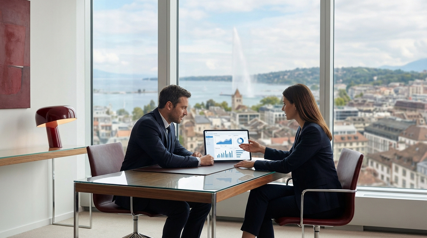 Deux experts discutent de données financières sur un laptop, avec une vue panoramique sur Genève et le Jet d'Eau en arrière-plan.