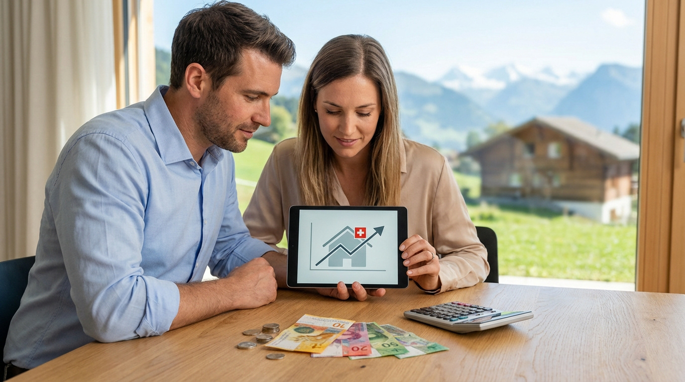 Un couple évalue un projet immobilier en Suisse. La tablette montre un graphique de croissance, entourée de francs suisses et d'une calculatrice.