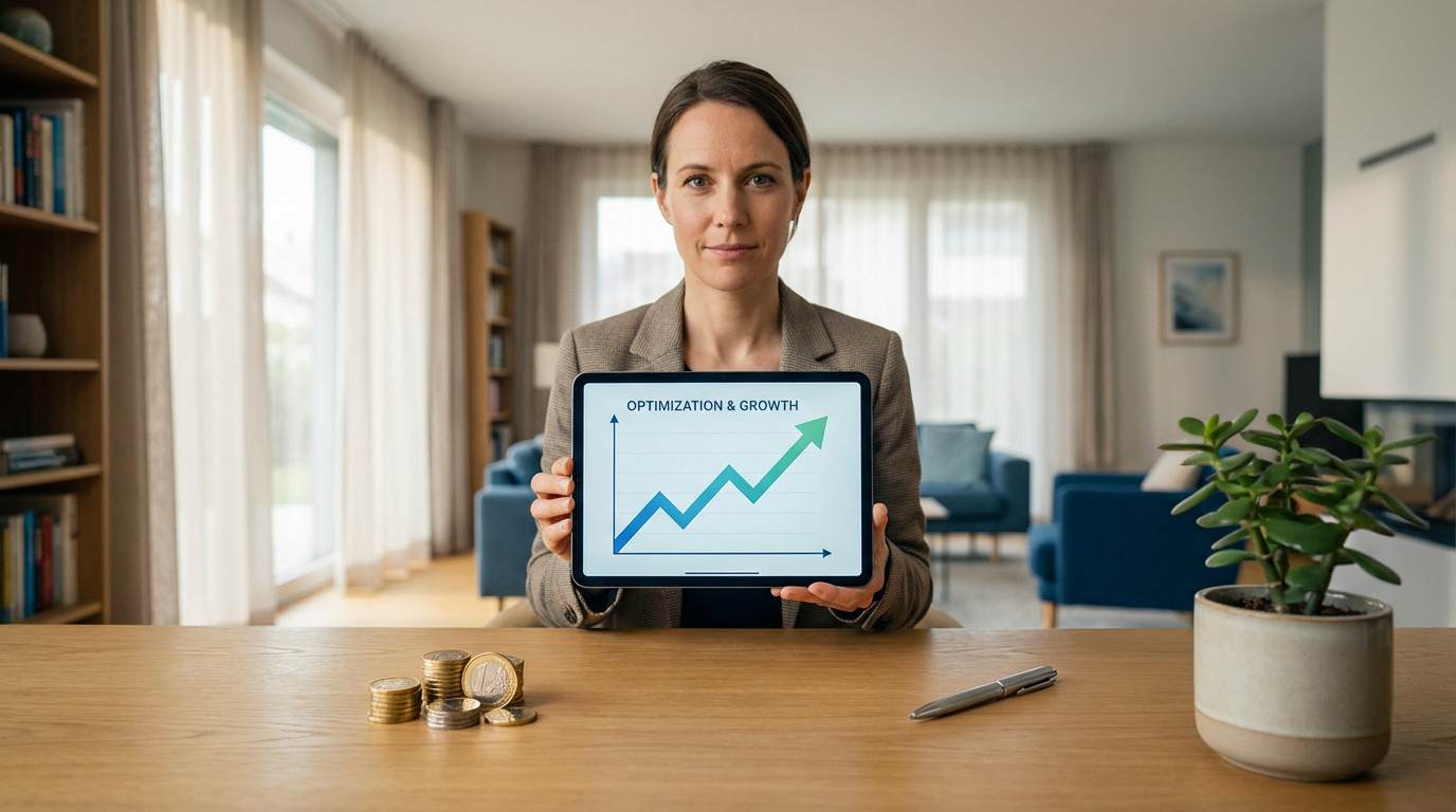 Femme présentant un graphique de croissance "OPTIMIZATION & GROWTH" sur tablette. Pièces et stylo sur table en bois.
