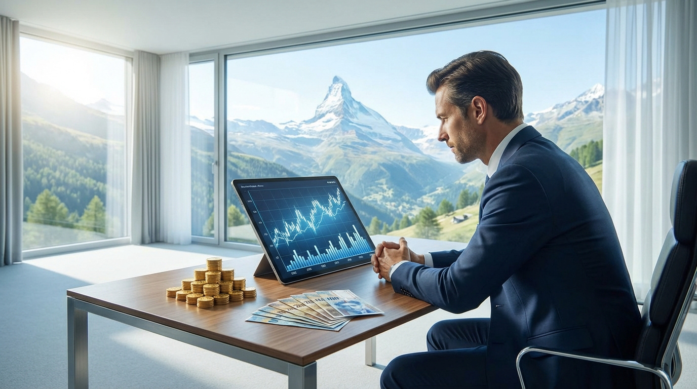 Homme en costume consultant graphiques financiers sur tablette, avec francs suisses et vue majestueuse sur le Cervin et les Alpes.
