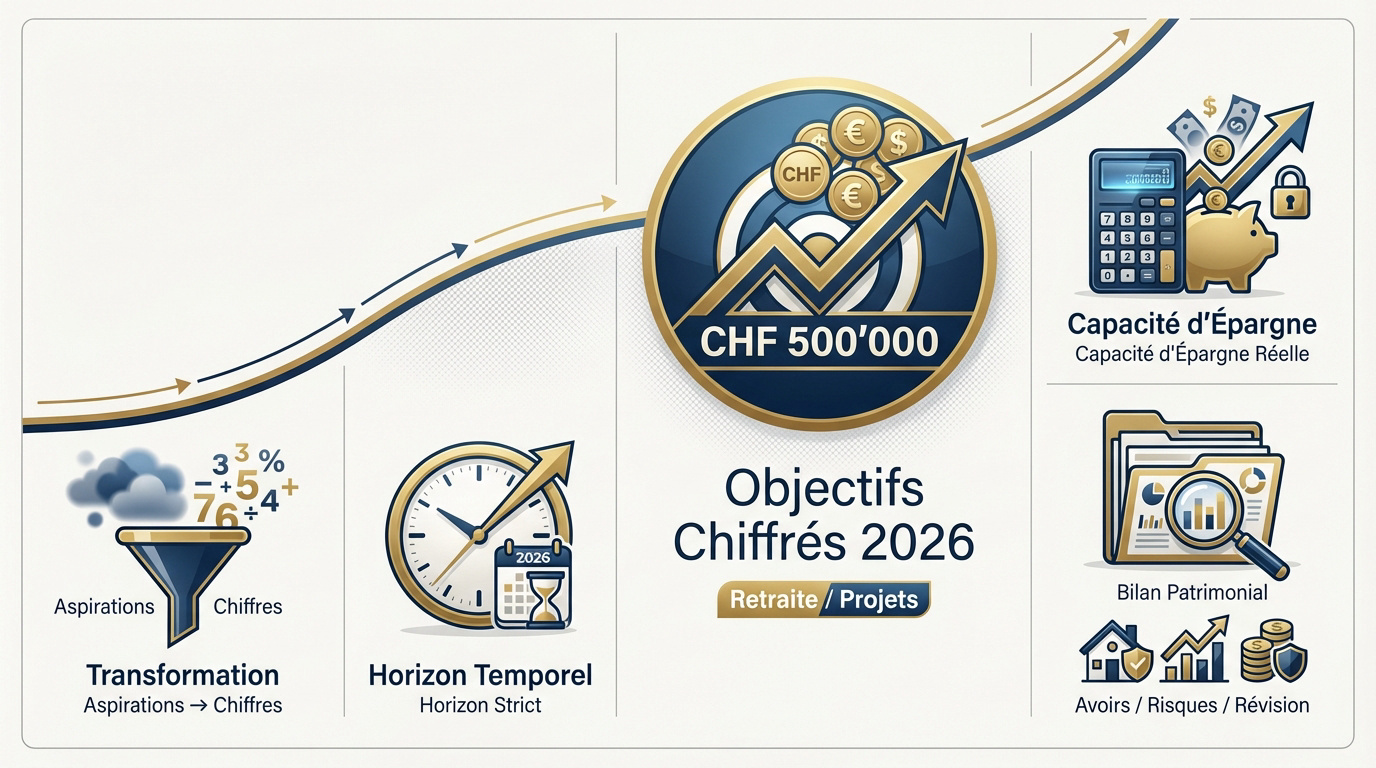 Infographie détaillant la méthode pour fixer des objectifs financiers et patrimoniaux chiffrés en 2026
