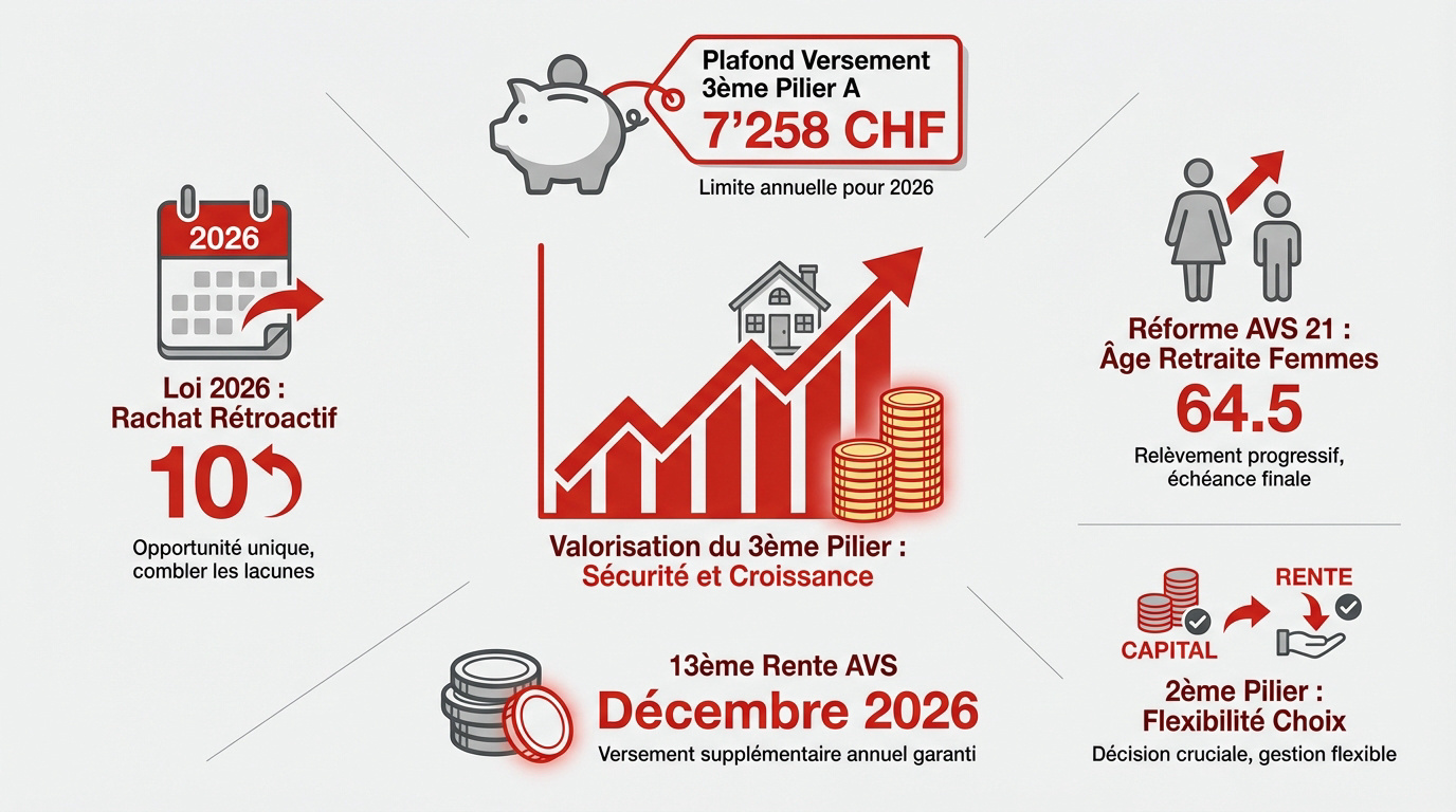 Infographie des réformes de la prévoyance et de la fiscalité suisse pour 2026